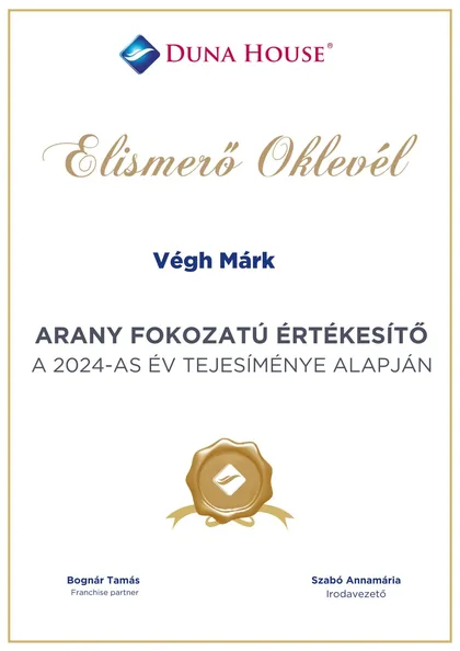 Duna House elismerő oklevél: Arany fokozatú értékesítő, a 2024-es év teljesítménye alapján